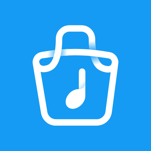 Alerts for Merch logo, a white outline of shopping bag with a music note logo in the center, on a light blue background
